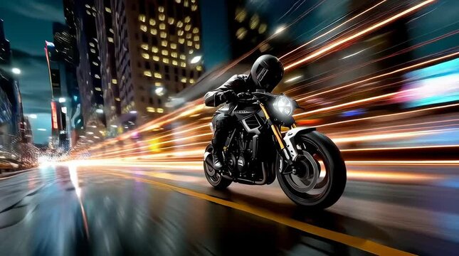 Realistic film, masterful camerawork, free perspective.He speeds through the brightly lit city streets on his gleaming silver motorcycle, its headlights streaking across the night like shooting stars,
