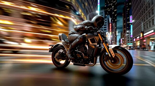 Realistic film, masterful camerawork, free perspective.He speeds through the brightly lit city streets on his gleaming silver motorcycle, its headlights streaking across the night like shooting stars,