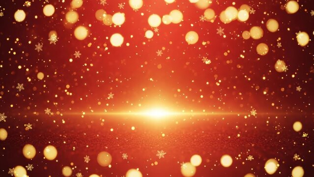 Festive red background with falling golden bokeh lights and sparkling snowflakes creating a magical holiday atmosphere for celebration - Powered by Adobe