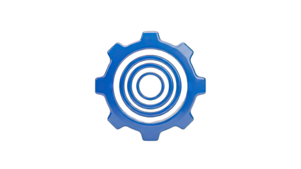 Glossy Blue Cogwheel Symbol with Concentric Circles Inside on Transparent Background