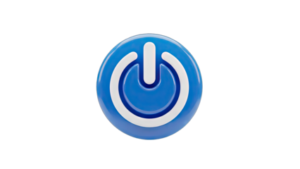 Glossy Blue and White Power Symbol Icon with Realistic 3D Rendering and Subtle Lighting on Transparent Background