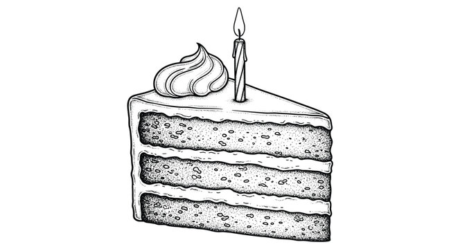 Hand-drawn black and white sketch of a delicious slice of three-layer birthday cake with frosting and a single lit candle on top.