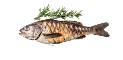 A freshly cooked fish garnished with aromatic herbs. presented on a clean white surface. highlighting the textures and colors. ideal for culinary articles or recipe books