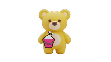 Fluffy Yellow Teddy Bear Character Holding a Pink Bucket Overflowing with White Soap Suds Against a Transparent Background