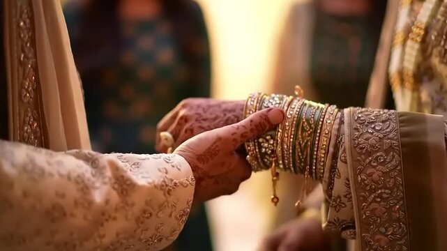 Close-up of a couple holding hands during a traditional Indian wedding ceremony, symbolizing unity and commitment.