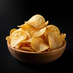 Golden Potato Chips in Wooden Bowl on Black Background