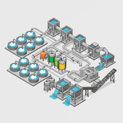Industrial Chemical Processing Plant with Tanks and Machinery.