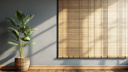 Indoor potted plant bathed in soft sunlight, casting a gentle shadow on a textured wall beside a bamboo blind
