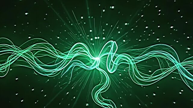 Explode magnetic force line visuals shimmer fluidly on a glowing green background, highlighting the complex interplay of magnetic forces through flowing light patterns.