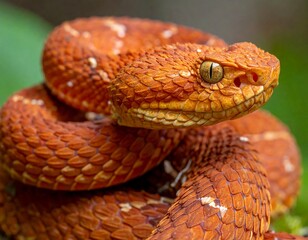 Obraz premium Close-up of coiled orange snake with textured scales and mesmerizing eye details