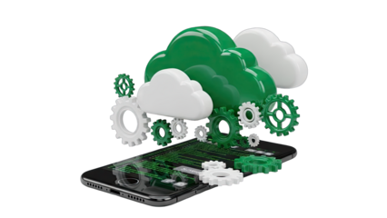 Digital Transformation Concept Featuring Cloud Computing and Mobile Technology with Gears and Binary Code on a Transparent Background