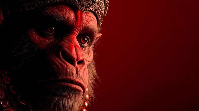 Intense close-up of Hanuman, the Hindu monkey deity, in vibrant red and gold against a dramatic