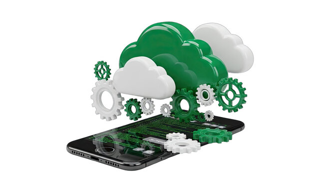 Digital Transformation Concept Featuring Cloud Computing and Mobile Technology with Gears and Binary Code on a Transparent Background - Powered by Adobe
