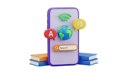 Digital Translation App on Purple Smartphone Showing Globe with Wi-Fi and Speech Bubbles with Language Symbols Surrounded by Books Against Transparent Background