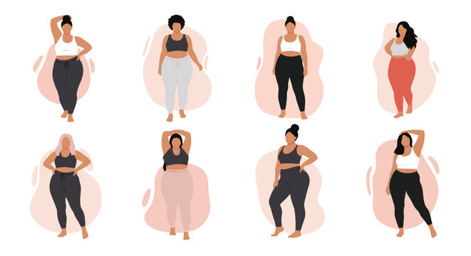 Diverse collection of eight beautiful and confident plus-size women in stylish activewear, celebrating body positivity and fitness.