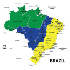 Brazil map with states colored by region vector illustration © Kabir