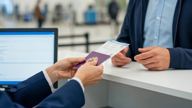 Woman airport employee helps a man check in for his flight by exchanging his passport and boarding pass in a registration desk.