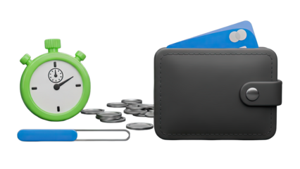 Digital Wallet With Credit Card And Coins Next To Stopwatch With Progress Bar And Black Background Illustration