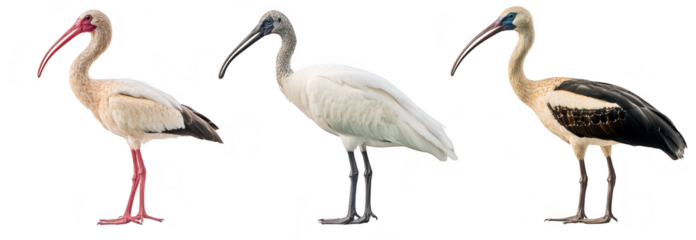 A trio of storks their distinct plumage and beak colors. standing in a bright. neutral environment. ideal for nature-themed projects or educational materials