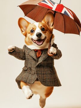 Humanized corgi with a suit and an umbrella