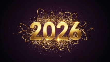 Glistening golden three dimensional numerals announcing the arrival of the year 2026 with sparkling light trails