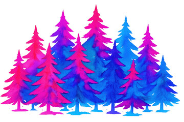 Obraz premium Abstract watercolor forest artwork with vibrant pink and blue pine trees creating a fantasy wood scene on transparent background