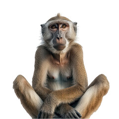 Obraz premium A close-up portrait of a macaque monkey sitting in a relaxed position. its expressive face and unique features against a plain white background. ideal for wildlife and animal photography