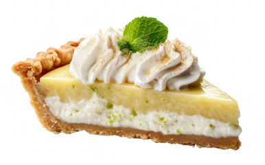 A delicious slice of creamy lemon meringue pie garnished with fresh mint leaves. a flaky crust and layers of smooth filling. perfect for dessert lovers and culinary photography