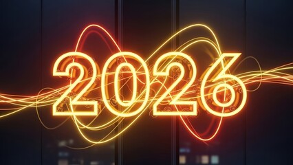 Glowing neon numbers announcing the year 2026 with dynamic light trails against a dark futuristic cityscape background
