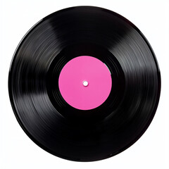 Black Vinyl Record with Pink Label Center on White Background