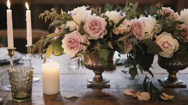Romantic table setting with a floral centerpiece, candles, and elegant details for a special occasion