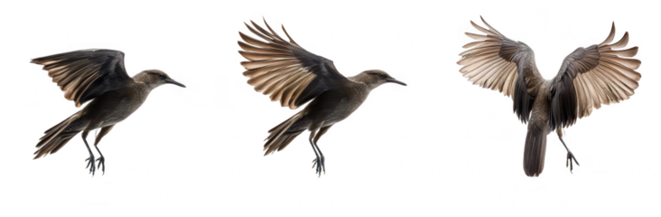 A series of three images a bird in mid-flight. highlighting its wingspan and movement against a clean white background. perfect for wildlife or nature photography