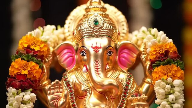 Close-up of a golden Lord Ganesha idol adorned with fresh flower garlands, symbolizing prosperity and good fortune.