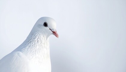 Fototapeta premium Close-up of a white pigeon against a minimalist white background; a bird's profile view