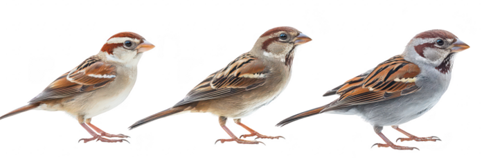 A close-up view of three sparrows their distinct plumage and features. perched side by side against a clean white background. ideal for nature and wildlife photography