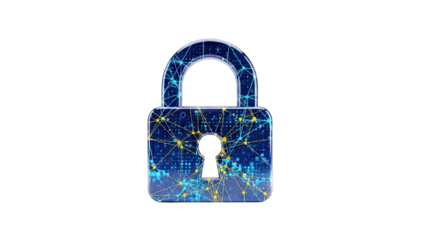 Digital Padlock Icon Symbolizing Cybersecurity Data Protection with Blue and Yellow Circuitry on Transparent Background
