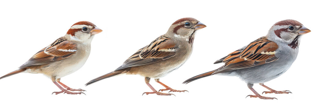 A close-up view of three sparrows their distinct plumage and features. perched side by side against a clean white background. ideal for nature and wildlife photography