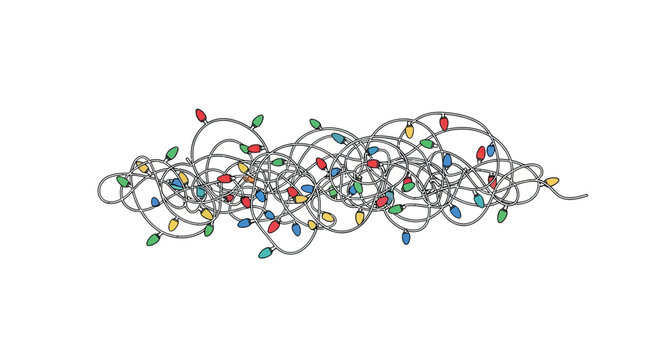 Minimal outline of tangled christmas lights on white