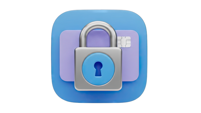 Digital Security Icon With Padlock Symbol Over Credit Card and Transparent Background 3D Render - Powered by Adobe