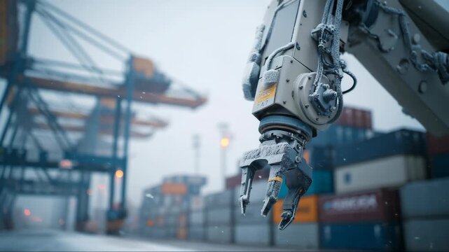 Robotic Arm Operating at Snowy Cargo Port
