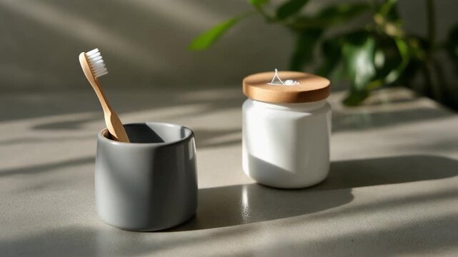 A minimalist bathroom countertop featuring a toothbrush and candle in serene natural light.