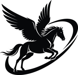 Fototapeta premium Black Silhouette of Pegasus Flying on White Background pegasus, horse, wings, flying, silhouette silhouette, art, mythological, legend, graphic, power, winged, design, pegasus, creature, miscellaneous