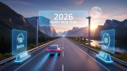 Futuristic car on highway with '2026 Happy New Year' holographic display and progress data
