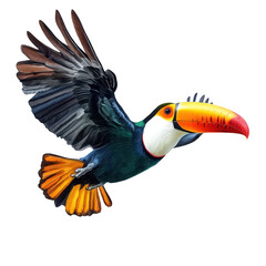Obraz premium A toucan soaring gracefully through the air with its colorful beak and feathers. set against a clean white background. capturing the essence of wildlife and nature photography