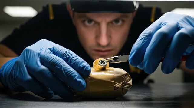 Caucasian man in uniform inspecting object for security. Officer examining suspicious package on table for an inspection concept.
