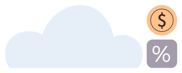 Cloud silhouette with dollar sign in a circle and percentage calculation symbol. Ideal for finance, savings, economics, cloud computing, technology, data analytics, investment management. Simple flat