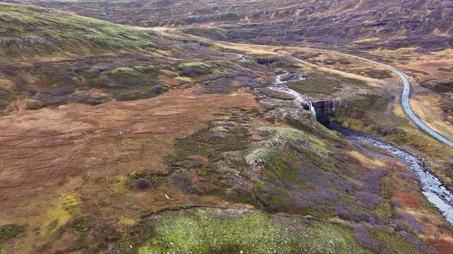 Aerial view of the Gufufoss falls near Seydisfjordur fjord - Iceland