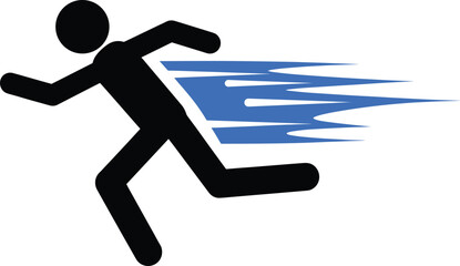 Running silhouette, speed motion, blue streaks, dynamic figure, fast movement, athletic pose, energy burst, black and white designRunning silhouette, speed motion, blue streaks, dynamic figure, fast m