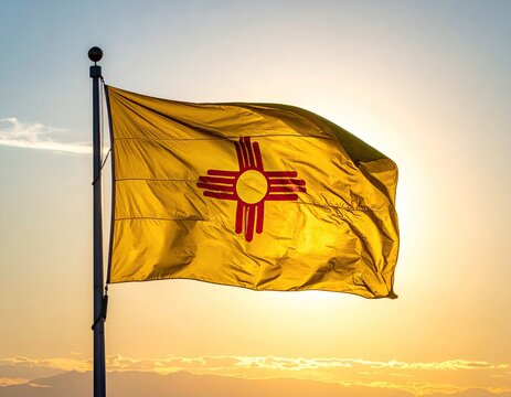 NM flag backlit by bright sunset, blowing in breeze