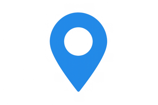 Blue map pin icon representing location, address, finding places, and direction. Transparent background - Powered by Adobe